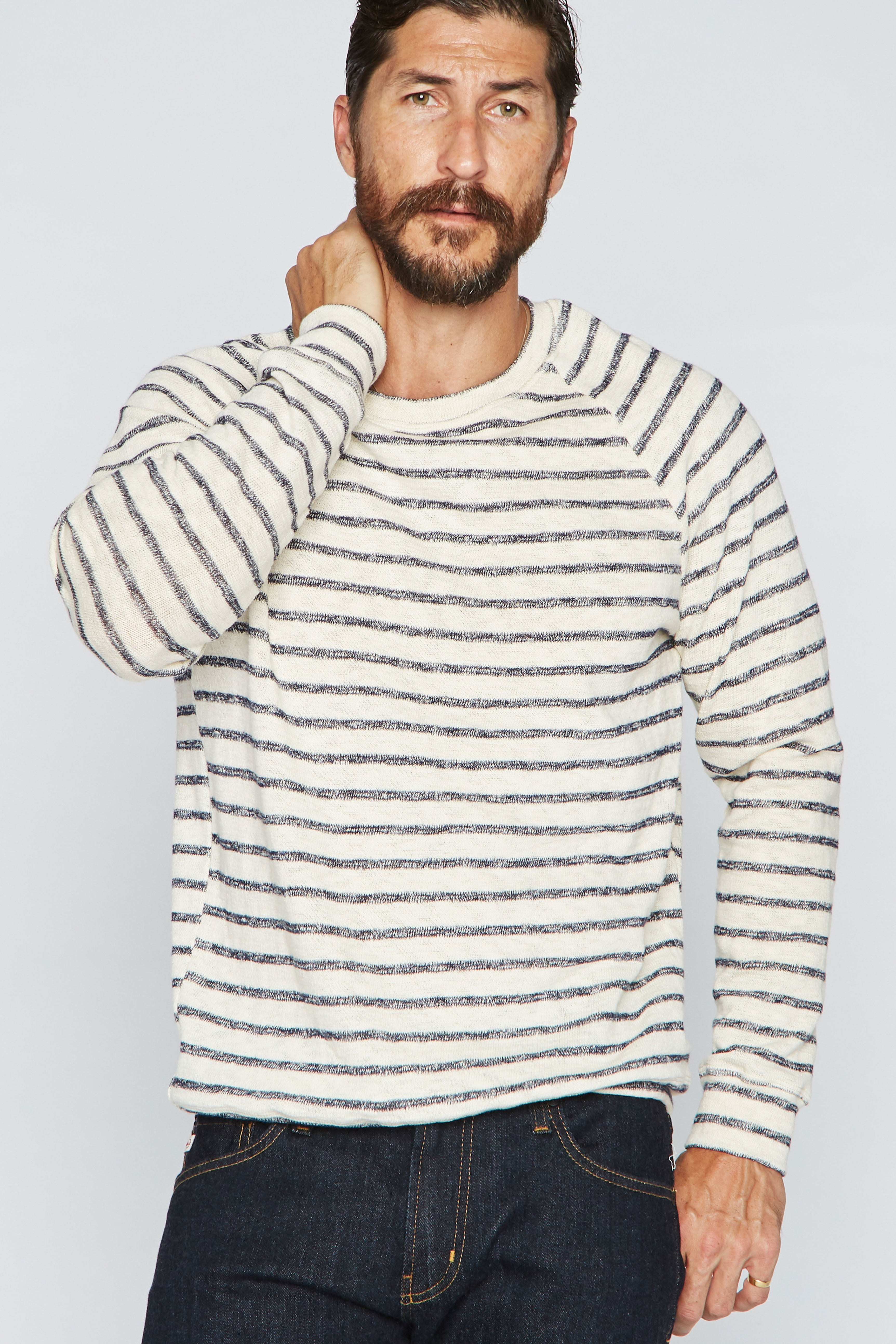 Men's Slub Jersey Pullover Sweater - Navy/Cream Stripe